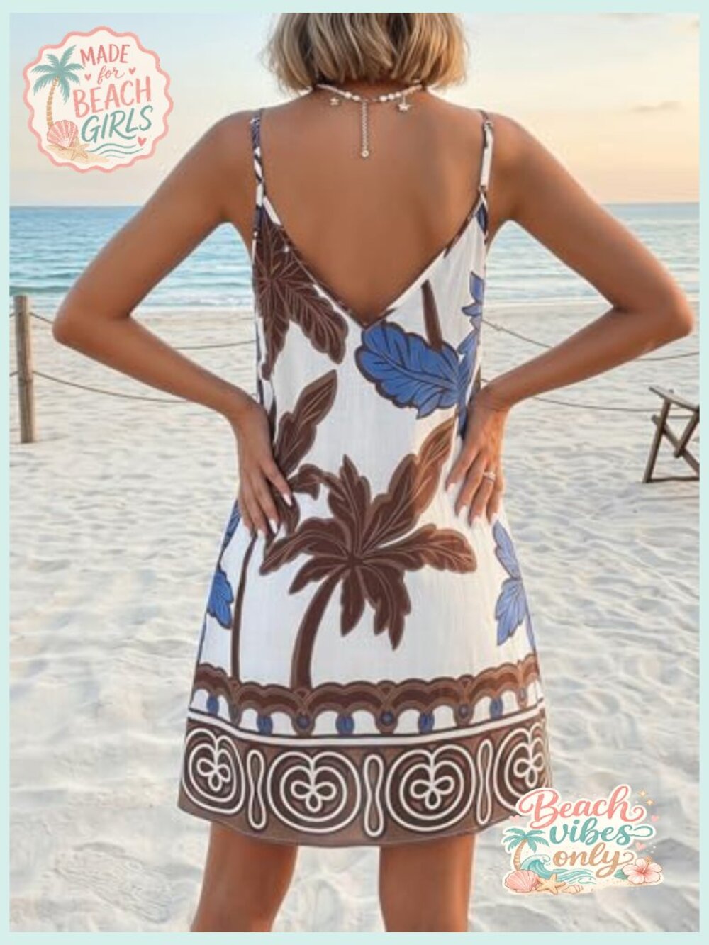 Tropical Print Backless Mini Dress Deep V Neck Flowy Beach Vacation Outfit - Picture 2 of 7